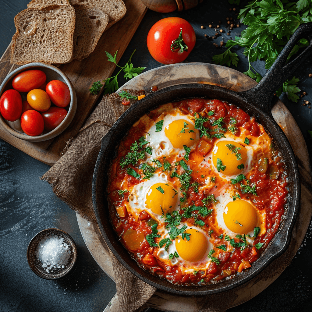 AI generated:  Food photography, shakshuka, top view, in a luxurious Michelin kitchen style, studio lighting, dept...