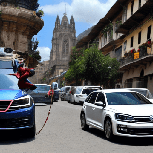 AI generated: Spideman in Quito driving a Volkswagen Car