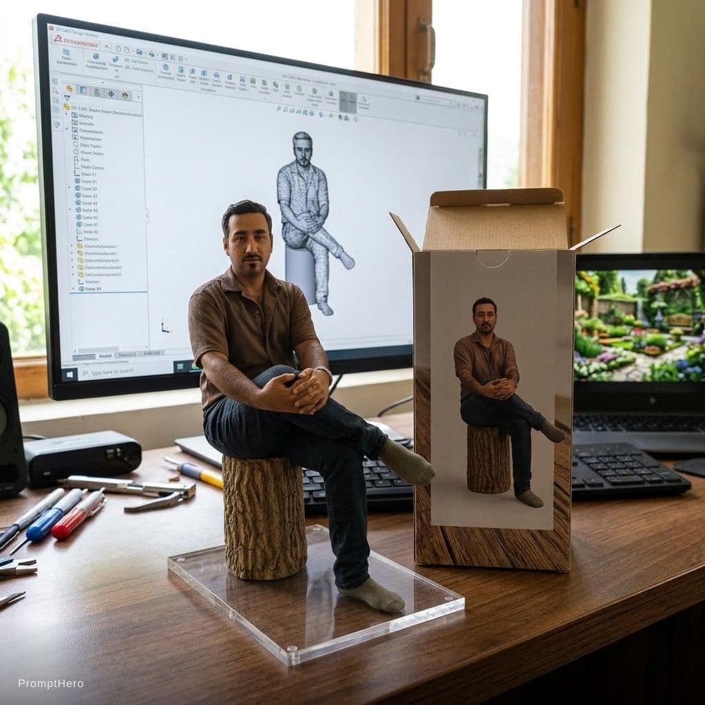 AI generated: Transforming the photographed person into a realistic 3D figurine in front of a computer desk. The c...