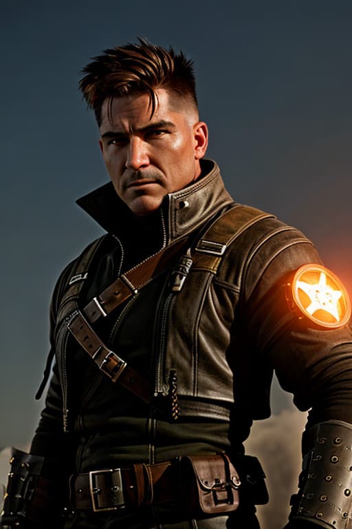 AI generated: A Post apocalyptic cyberpunk grunge poster, of a leader of the resistance, in heavy combat leather a...