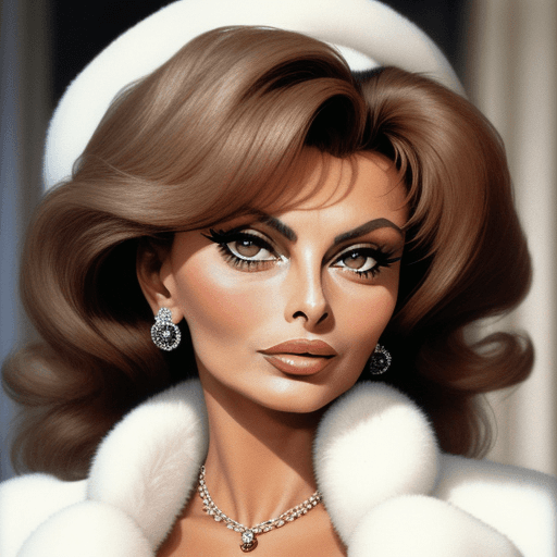 AI generated: A close-up portrait of classic Iconic Sophia Loren, most glamorous, wears a white mink coat by Frede...