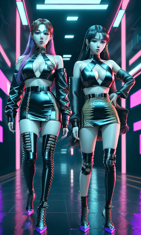 AI generated: Action movie scene of two impeccable K-pop singers Soyeon and Yuqi of G-idle, wearing sleek outfits,...