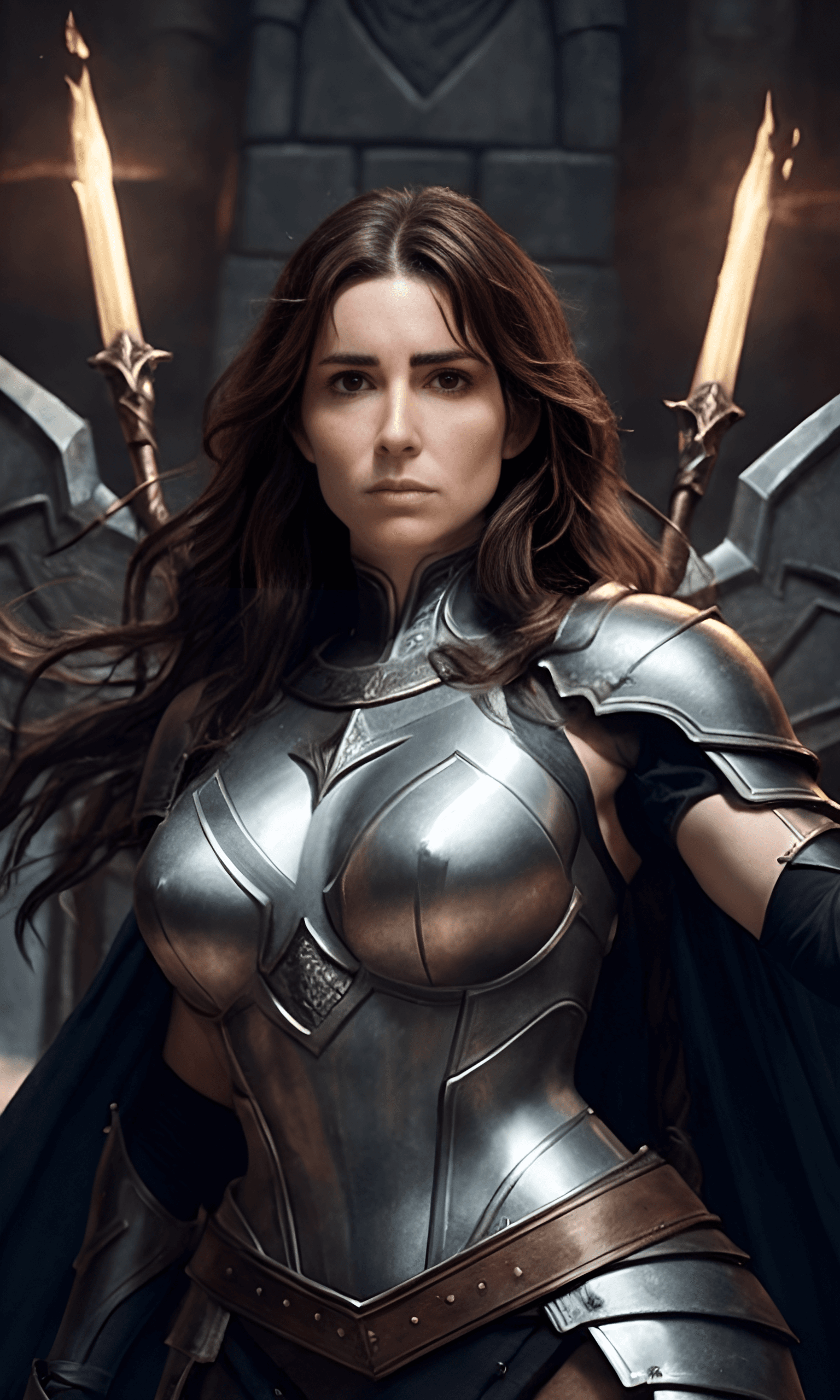 AI generated: A portrait of a female paladin knight, victory battlefield, cinematic, log hair, shiny metallic poli...