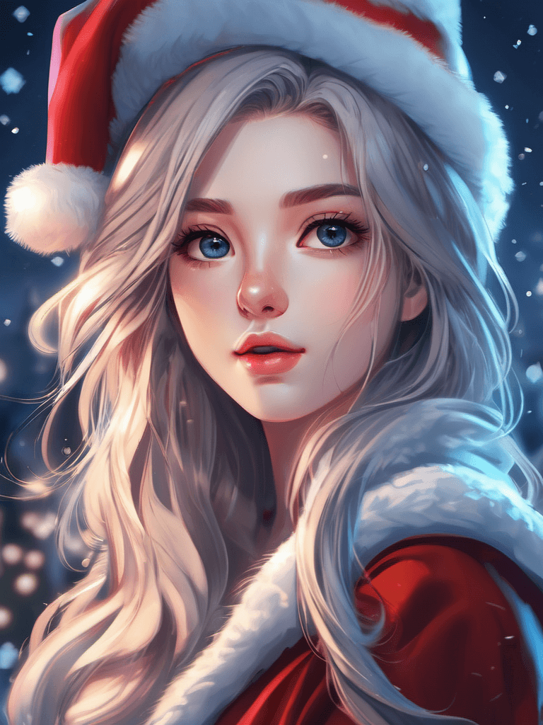 AI generated: close up digital illustration of a pretty 20yo girl with long hair and a short skirt dressed as sant...