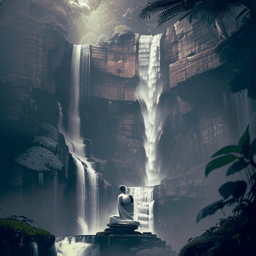 AI generated: Mahatma Gandhi Stunning close-up visual photography, looking at him. side of a waterfall (very high ...