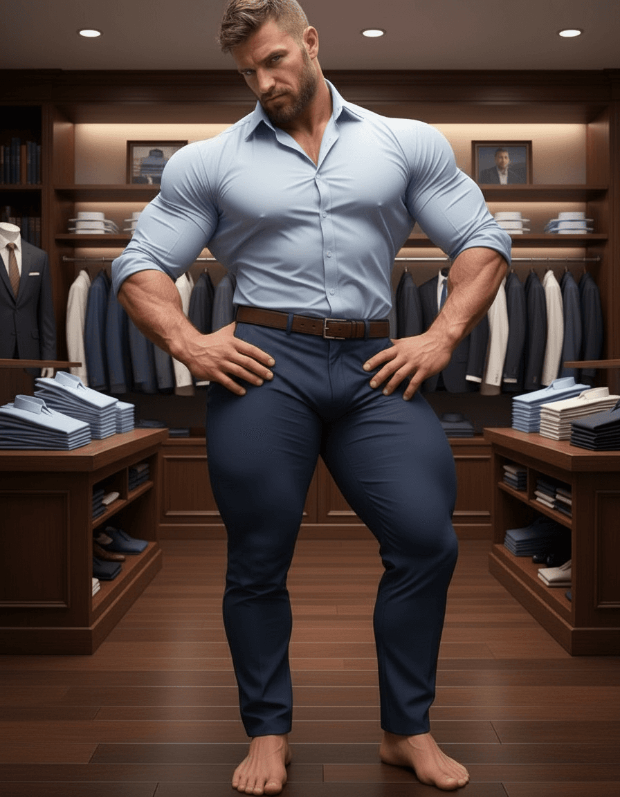 AI generated:  The bodybuilder has one hand on his side the other on his waist. 