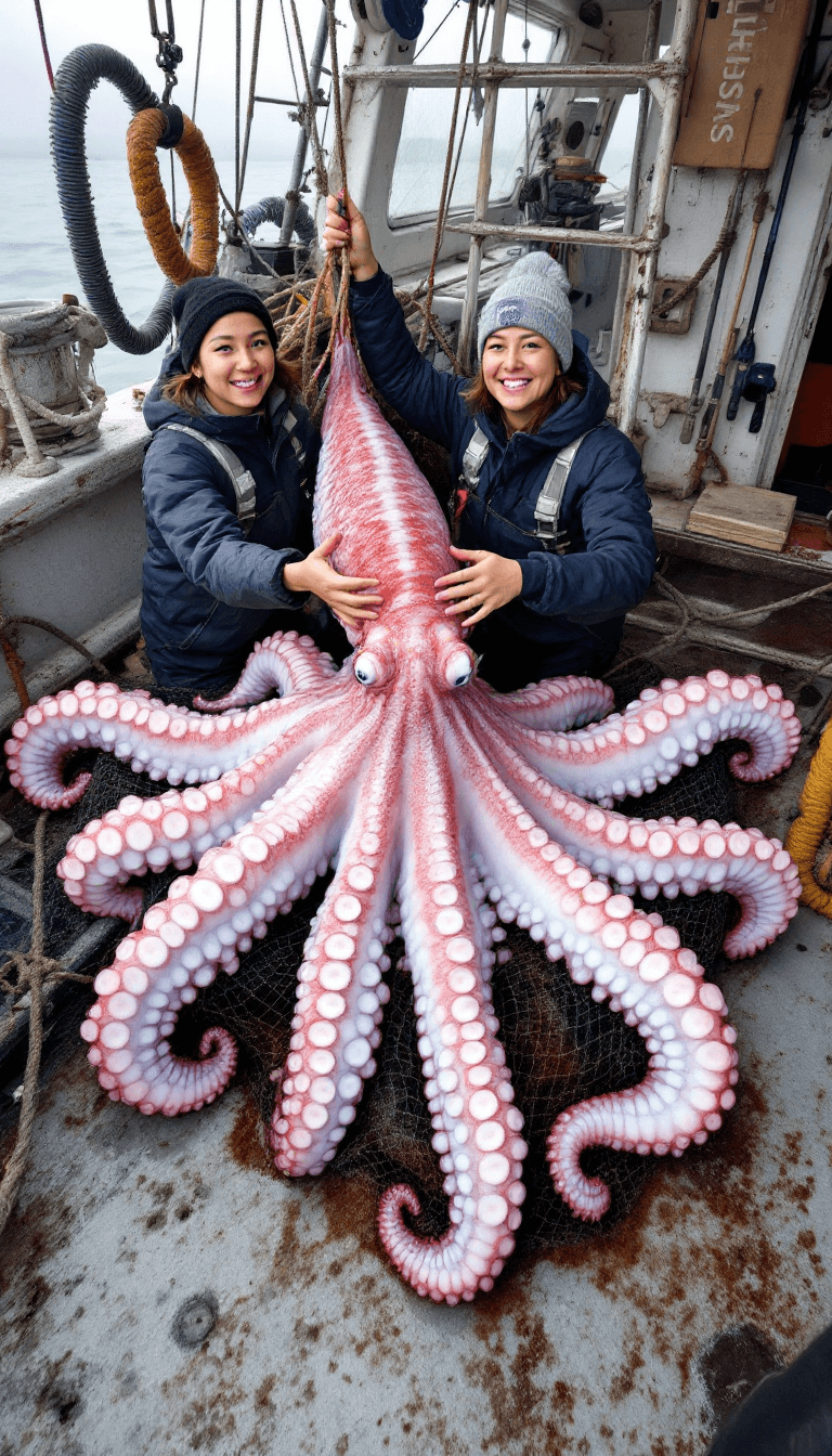 AI generated: A full-length photograph of two female fishermen on a fishing boat with a octopus. The octopus is hu...