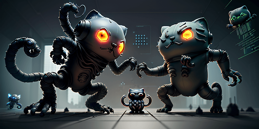 AI generated: ultra-high-resolution, battle between GitHulk and OctoCat. Include floating binary code and commit l...