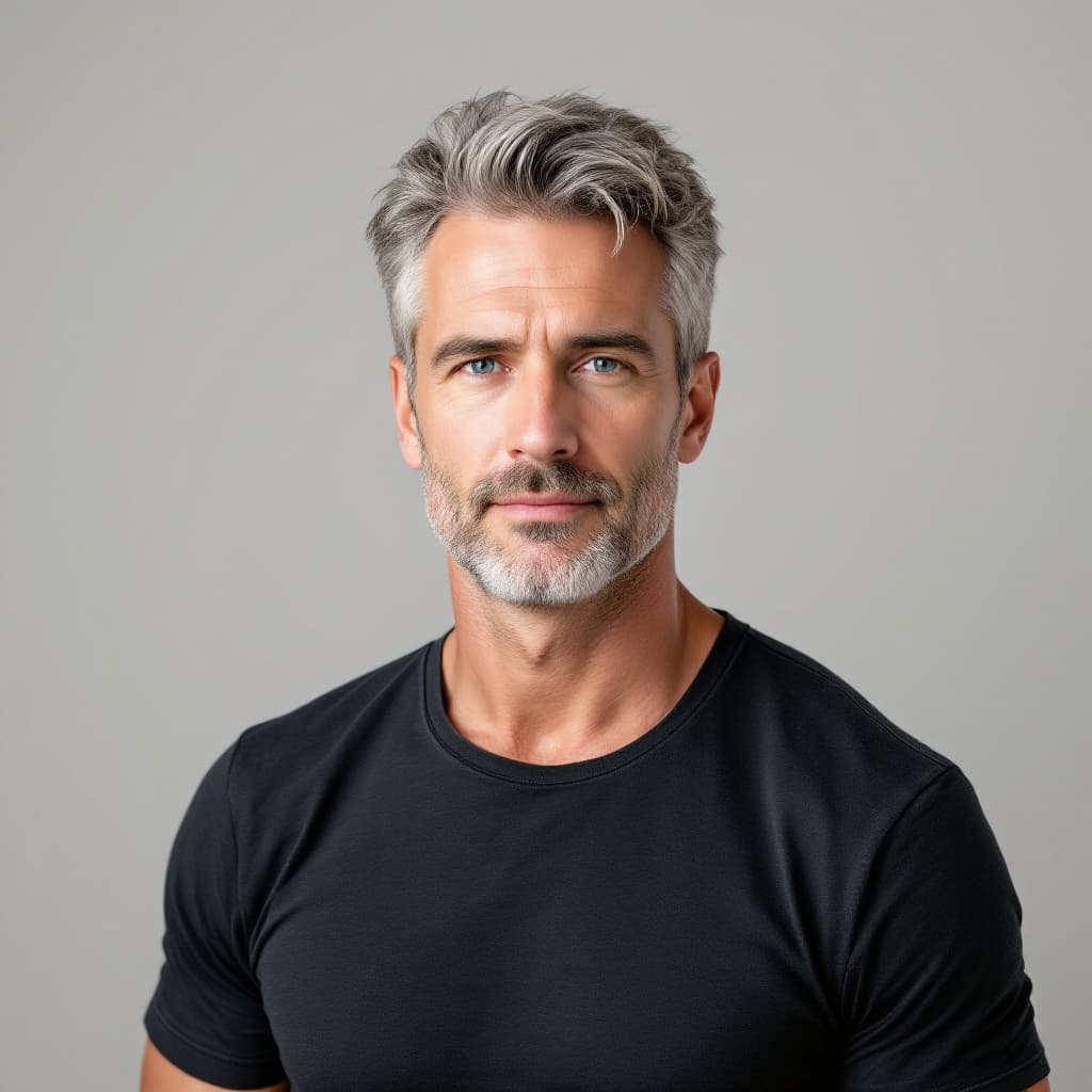 AI generated: Crisp studio image of a 42-year-old white American man, fair skin, thick salt-and-pepper hair, no be...