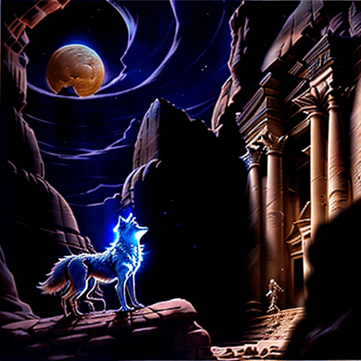 AI generated: Wolf howling in Treasury in Petra Jordan, magical moonlit background, 8k, high detail Don Maitz, Tod...