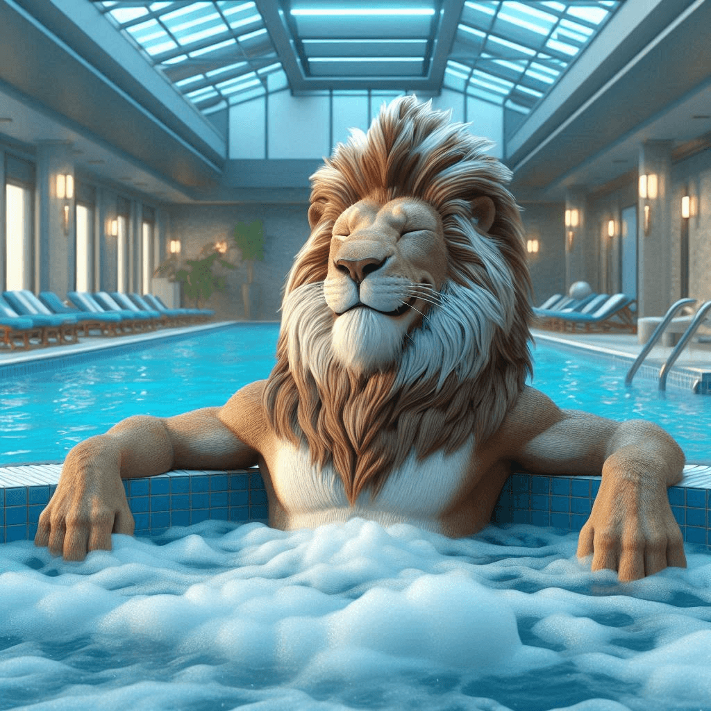 AI generated: 3D animation of a satisfied lion man sitting in a hot tub in an indoor swimming pool