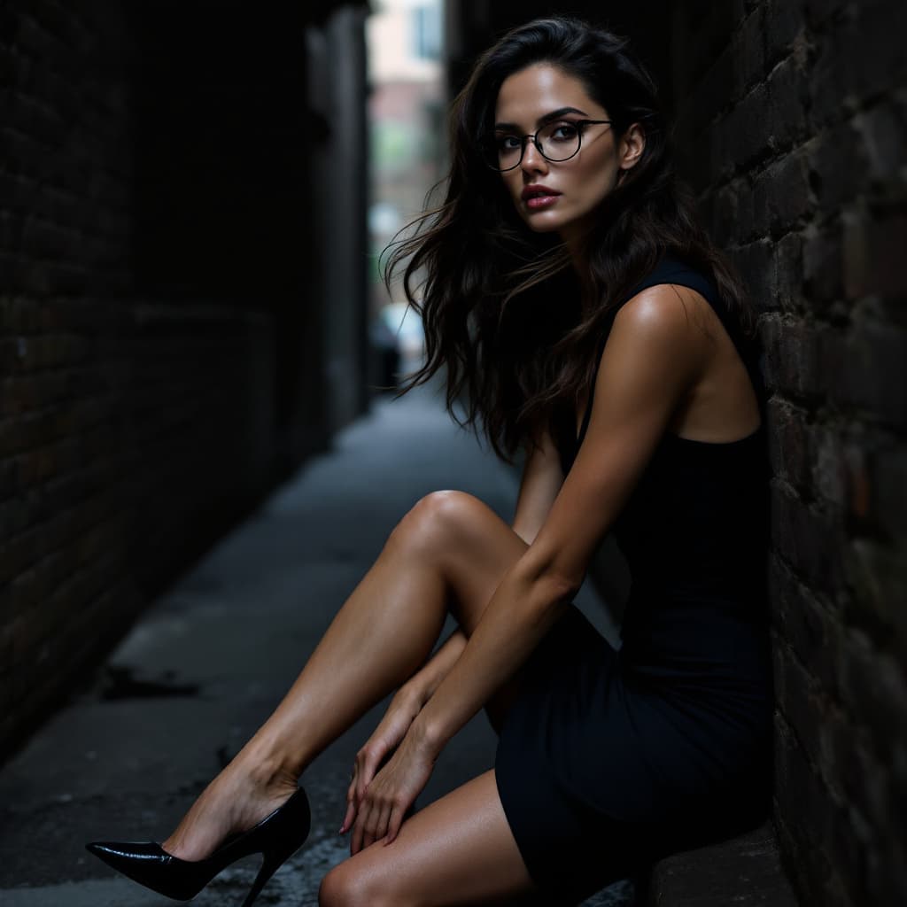 AI generated: Gal Gadot wearing a black pencil skirt, black pointy high heels sitting in a dark alley. She is look...
