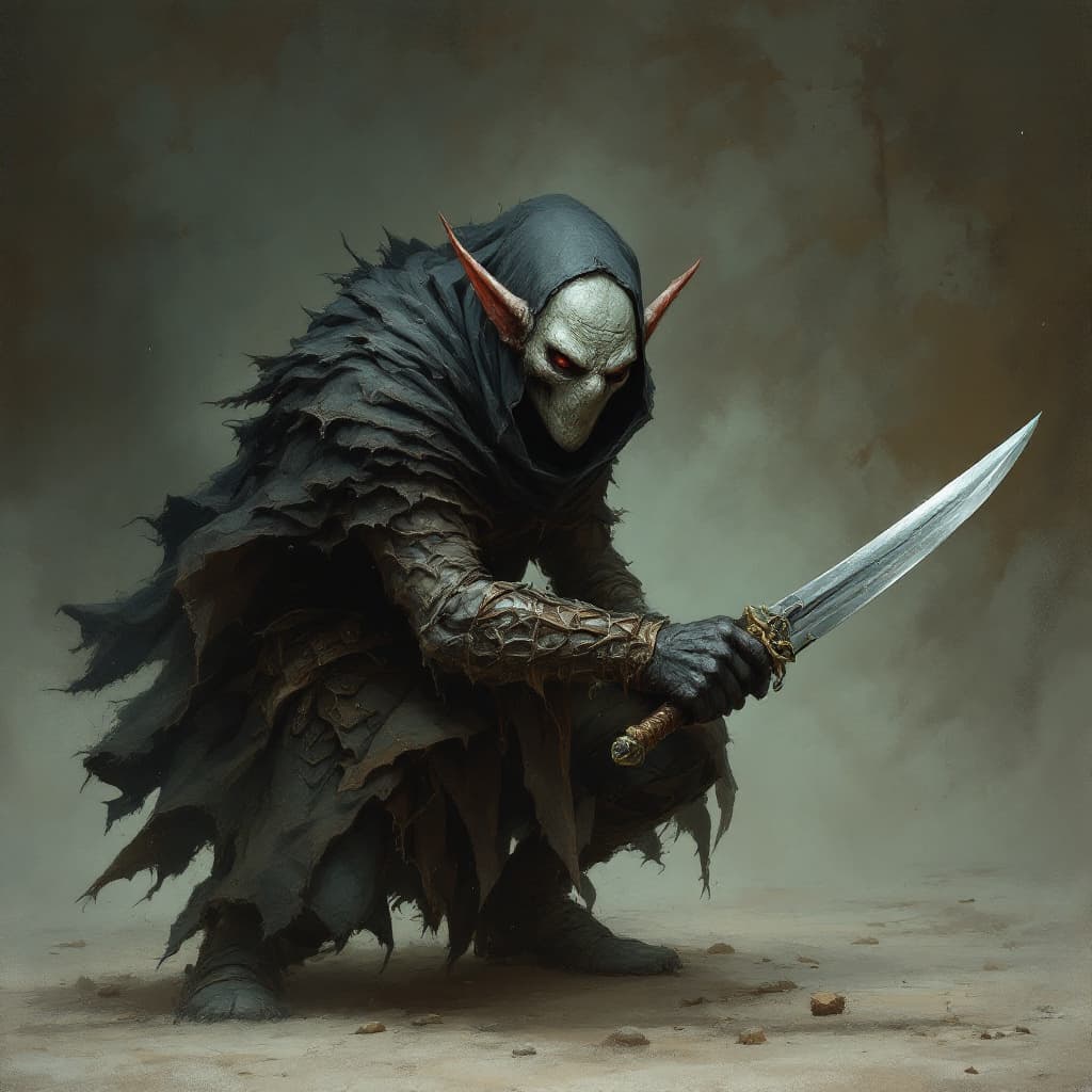 AI generated: een grey goblin thief with 2 daggers he wears a stone mask
