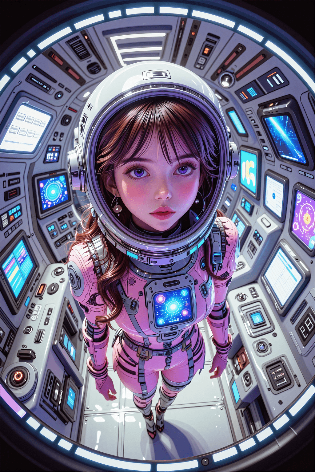 AI generated: A vertical, hyper-realistic fisheye lens illustration of a young girl inside a futuristic spaceship ...