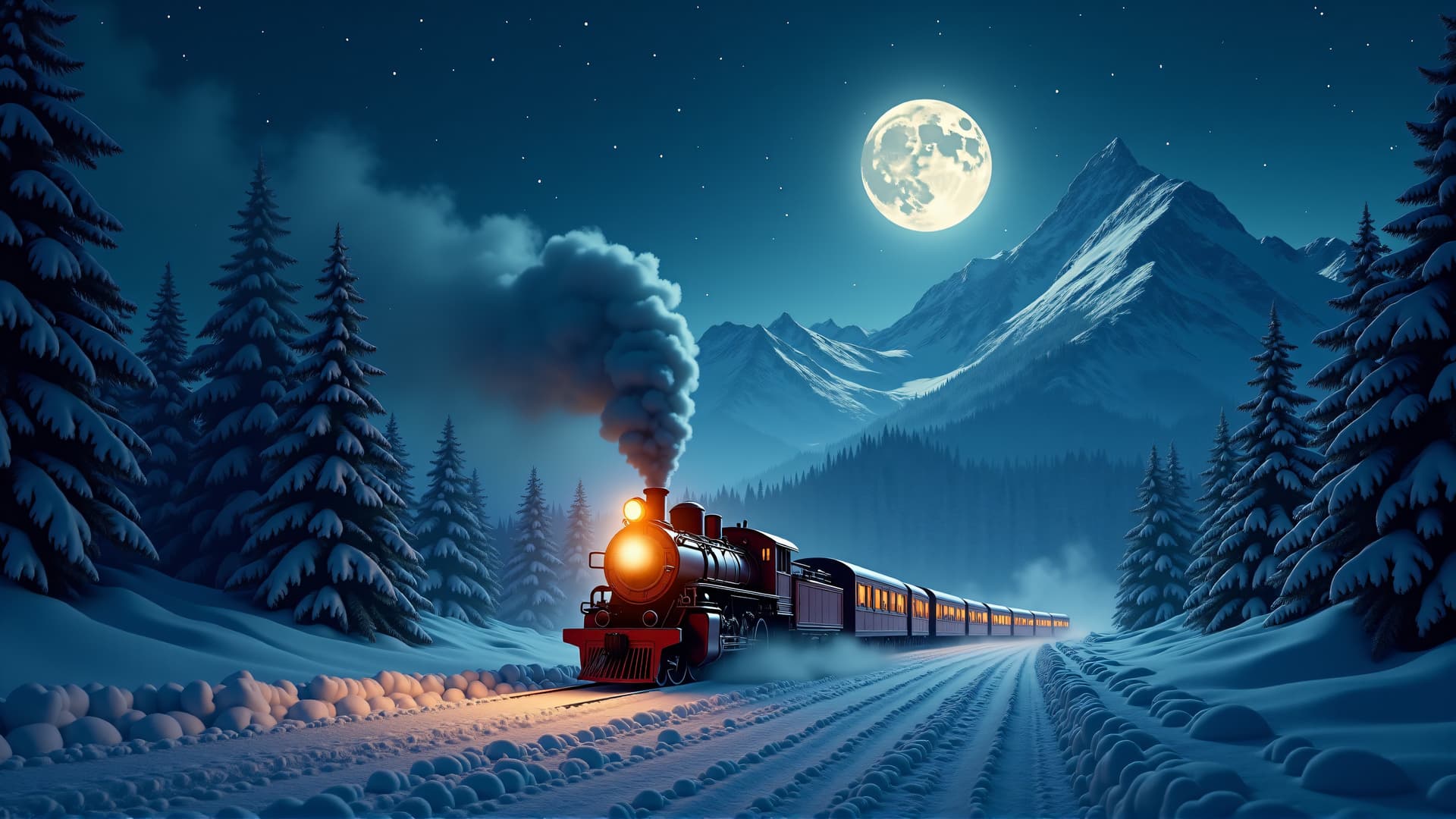 AI generated: An epic winter landscape at night, with a magical steam train speeding through a vast snowy wilderne...