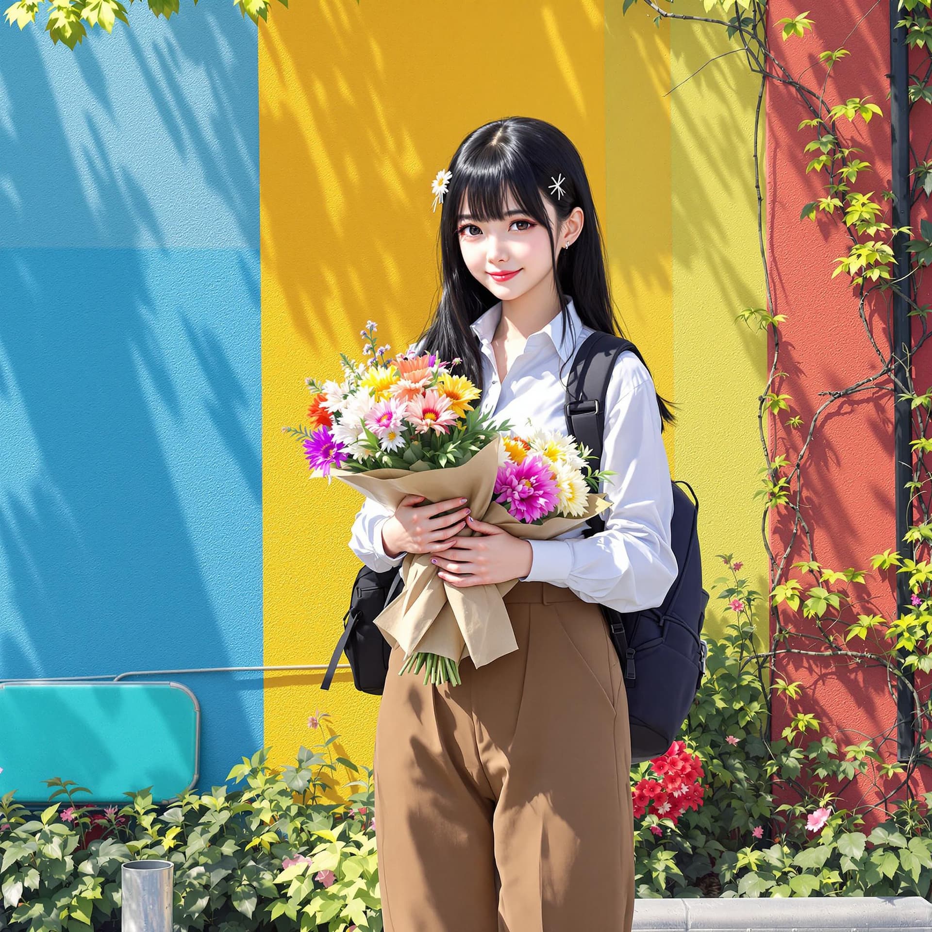 AI generated: In the image, ((full body:1.4)), anime realistic seen standing outdoors, holding a bouquet of flower...