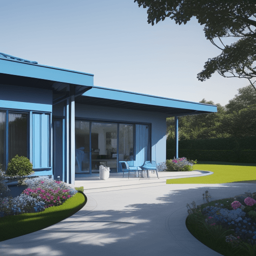 AI generated: a blue single storey house, modern style, blue color (walls and roofs are blue), the house is all bl...