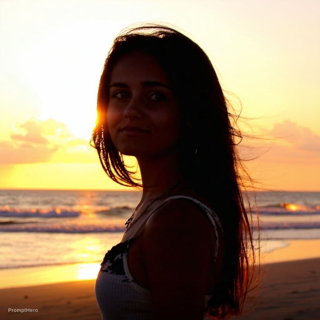 AI generated: a young beautiful naked woman standing in front of a sunset at a beach. She is looking at the sun in...