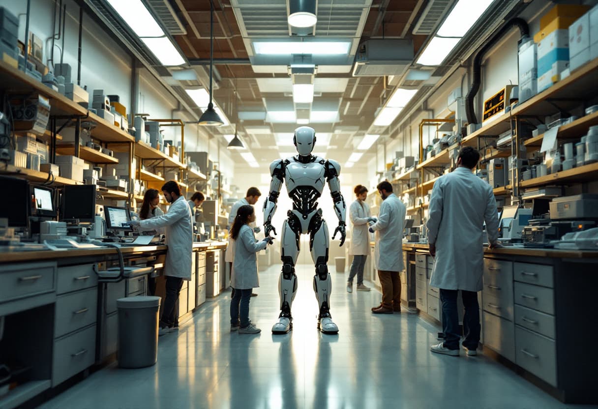 AI generated: A highly detailed cinematic shot capturing a bustling laboratory from the knees up, with a humanoid ...