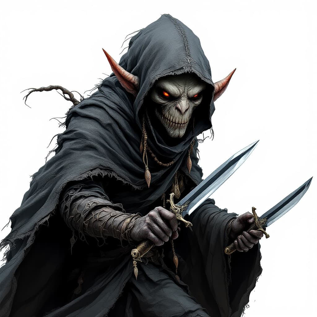 AI generated: een grey goblin thief with 2 daggers he wears a african mask
