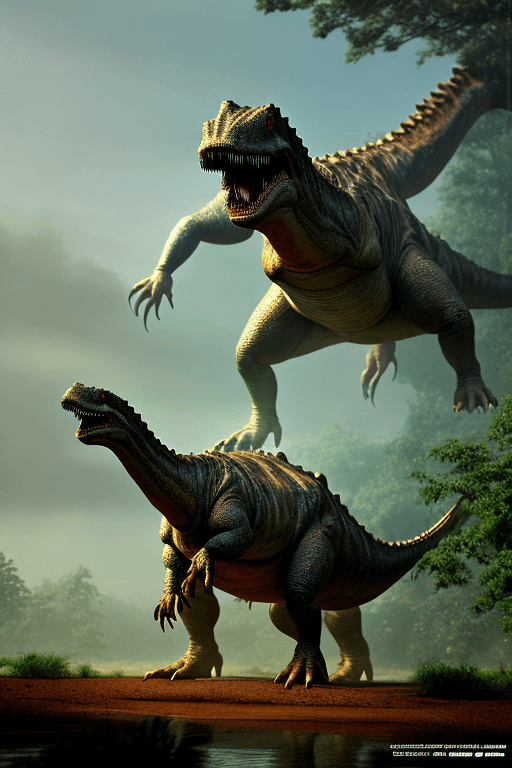 AI generated: titanosaurus, giant walking spinosaurus on hind legs, head of a newt, spinosaurus, large dorsal sail...