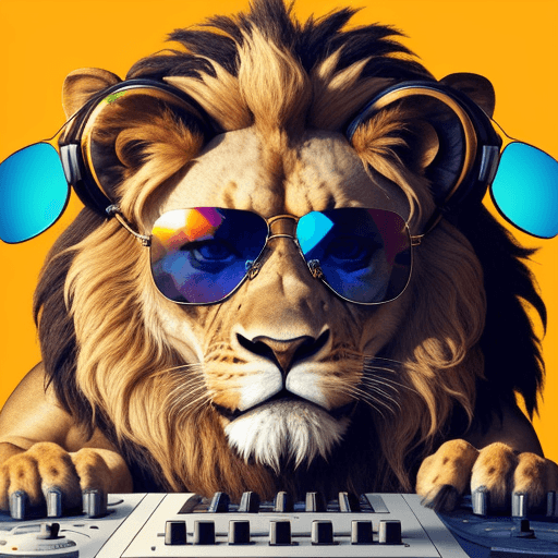 AI generated: The image features a lion wearing a pair of colorful sunglasses and DJ headphones. The lion's face i...