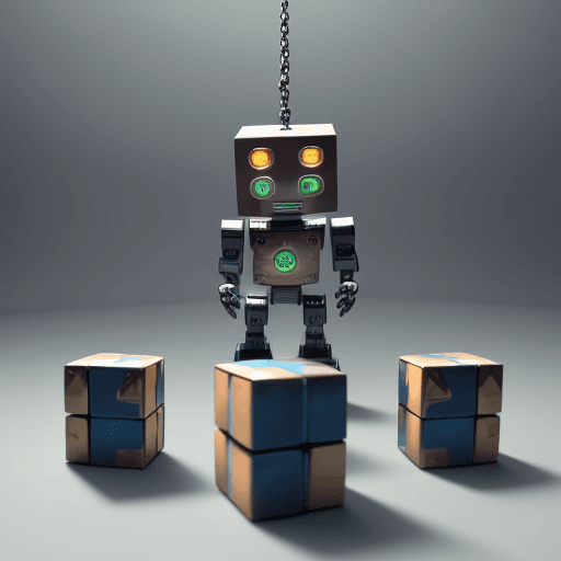 AI generated: A robot that at this centre is made of a token. Behind the robot is a chain of blocks