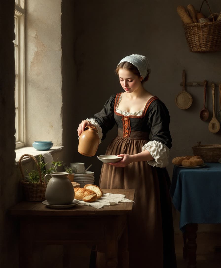AI generated: A Dutch Baroque-style painting of a young milkmaid in traditional 17th-century clothing pouring milk...
