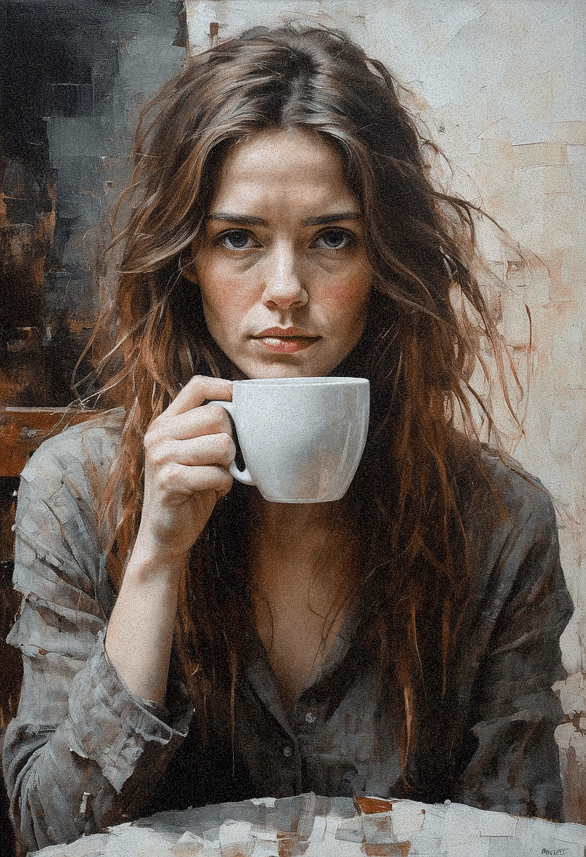 AI generated: A half-body, oil painting of a woman,  sitting while drinking coffee, made by a {randomly select} fa...