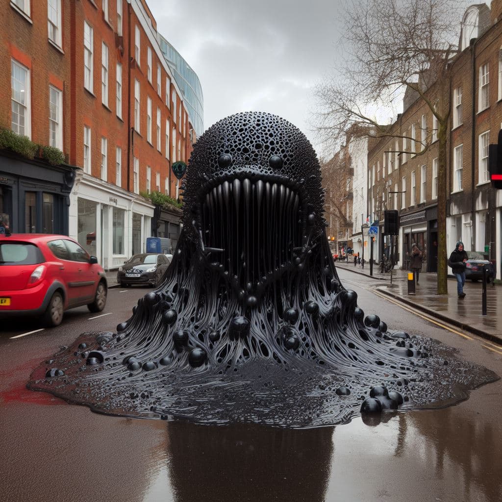 AI generated: ferrofluid monster in a London street, state of emergency declared