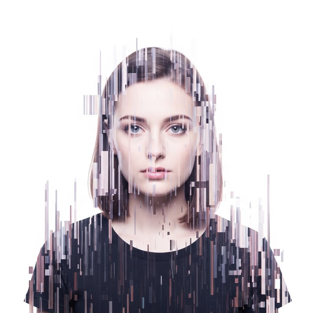 AI generated: glitch art portrait, single woman with clearly defined edges, gaze, pure white background, clean min...