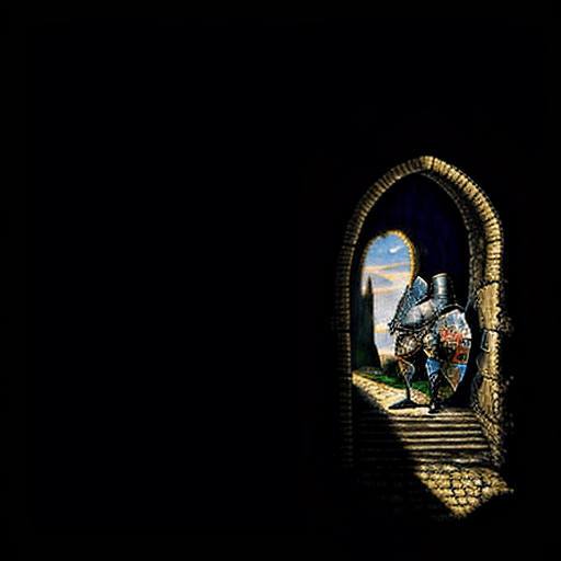 AI generated: Painting of a knight looking down in despair. Background has a love castle which is forever empty (i...