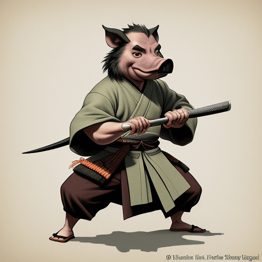AI generated: art work by Stan Sakai, anthropomorphic wild pig samurai, young male