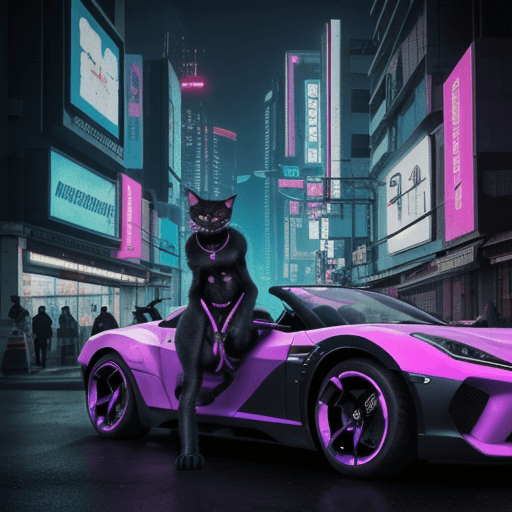 AI generated: cyberpunk cat in the Neon City sits on the cyberpunk car