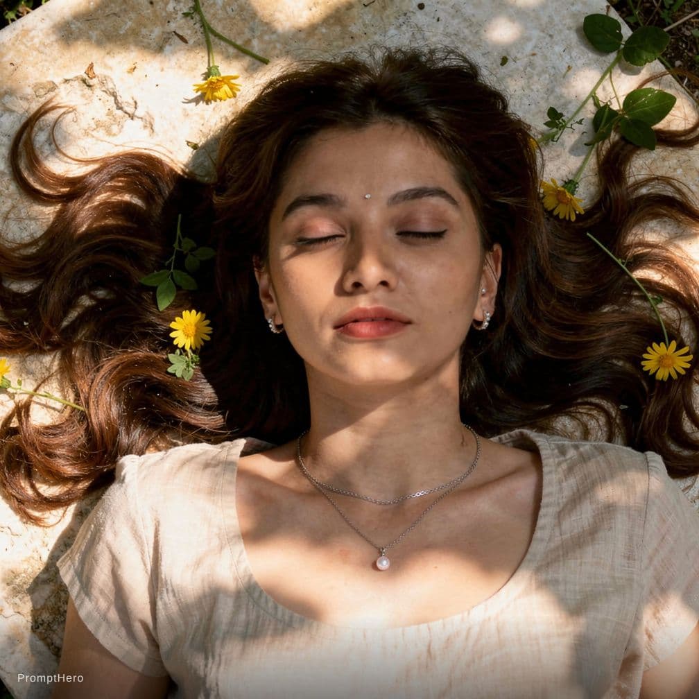 AI generated: A photorealistic, high-detail close-up portrait of an adult woman lying on her back in a sun-dappled...