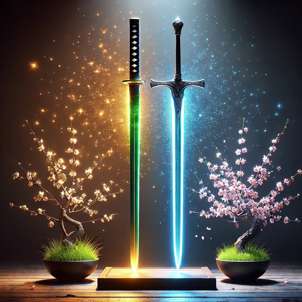 AI generated: Hyper-realisitc digital portrait of two swords settled next to each other on a stand. One sword is a...