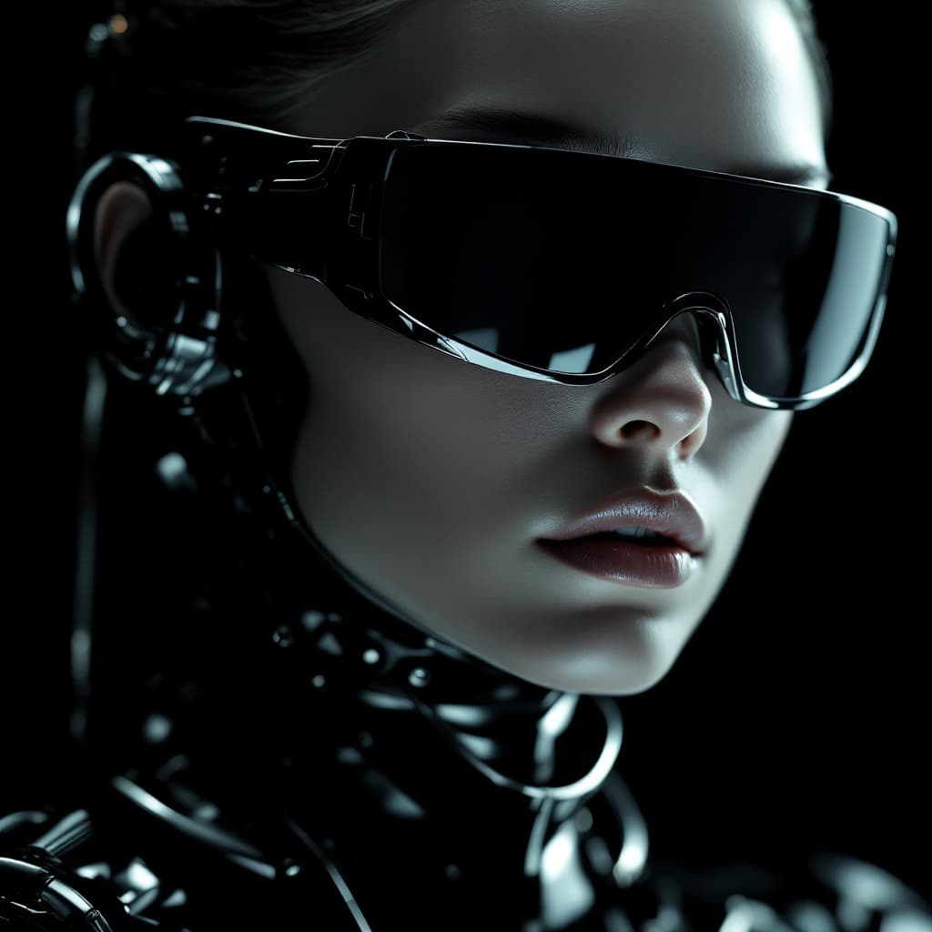 AI generated: A portrait of an android woman wearing reflective sunglasses and metallic armor against a black back...