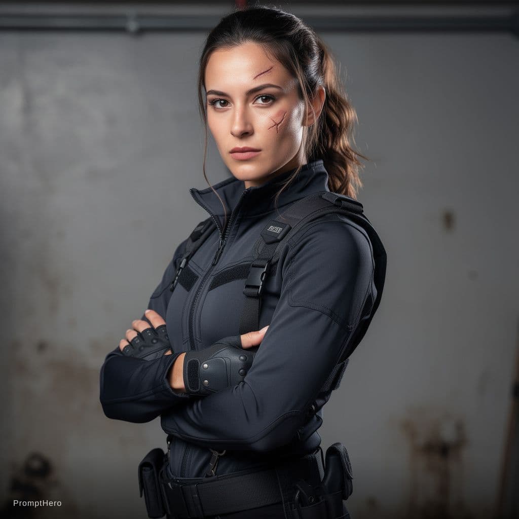 AI generated: Prompt
A hyper-realistic cinematic character portrait of a female action-movie lead (late 20s to ear...