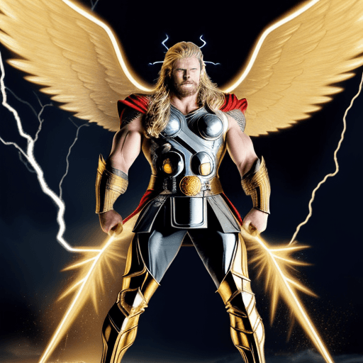 AI generated: The god of thunder, Thor, wears golden armor behind which are golden wings and lightning bolts