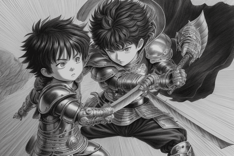 AI generated: monochrome, a little boy, brown hair with tuft, in golden armor, manga, ((without helmet)), in a fig...