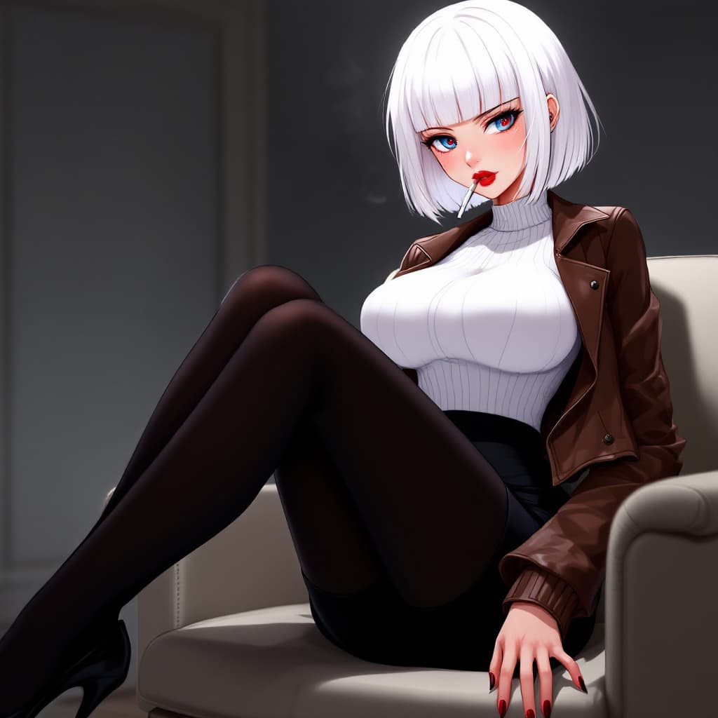 AI generated: anime, woman, white hair, bob cut, blue eyes, freckles, red lips, white sweater, tight sweater, shor...