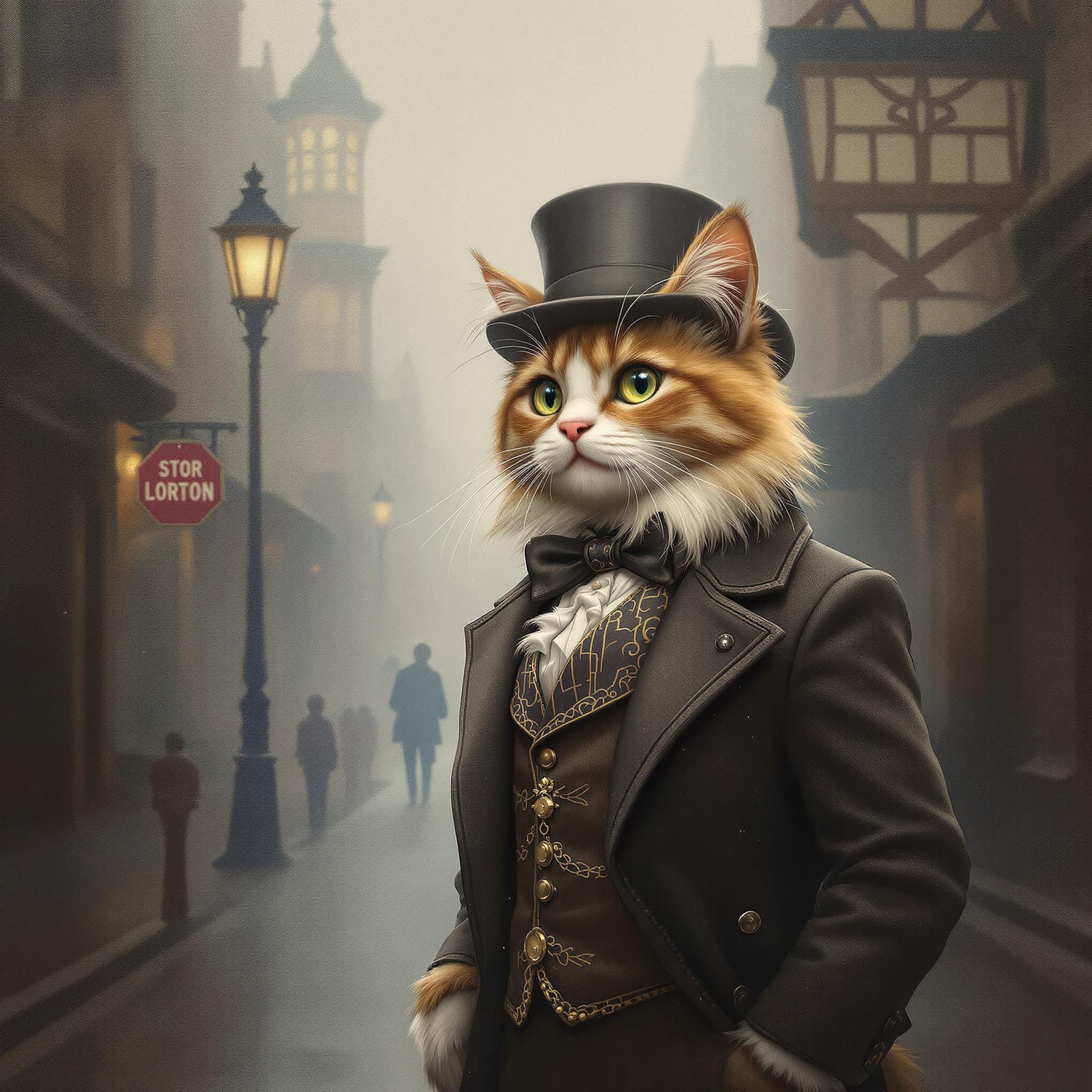 AI generated: masterpiece, best quality, a cute cat dressed as a Victorian gentleman, standing in the foggy street...