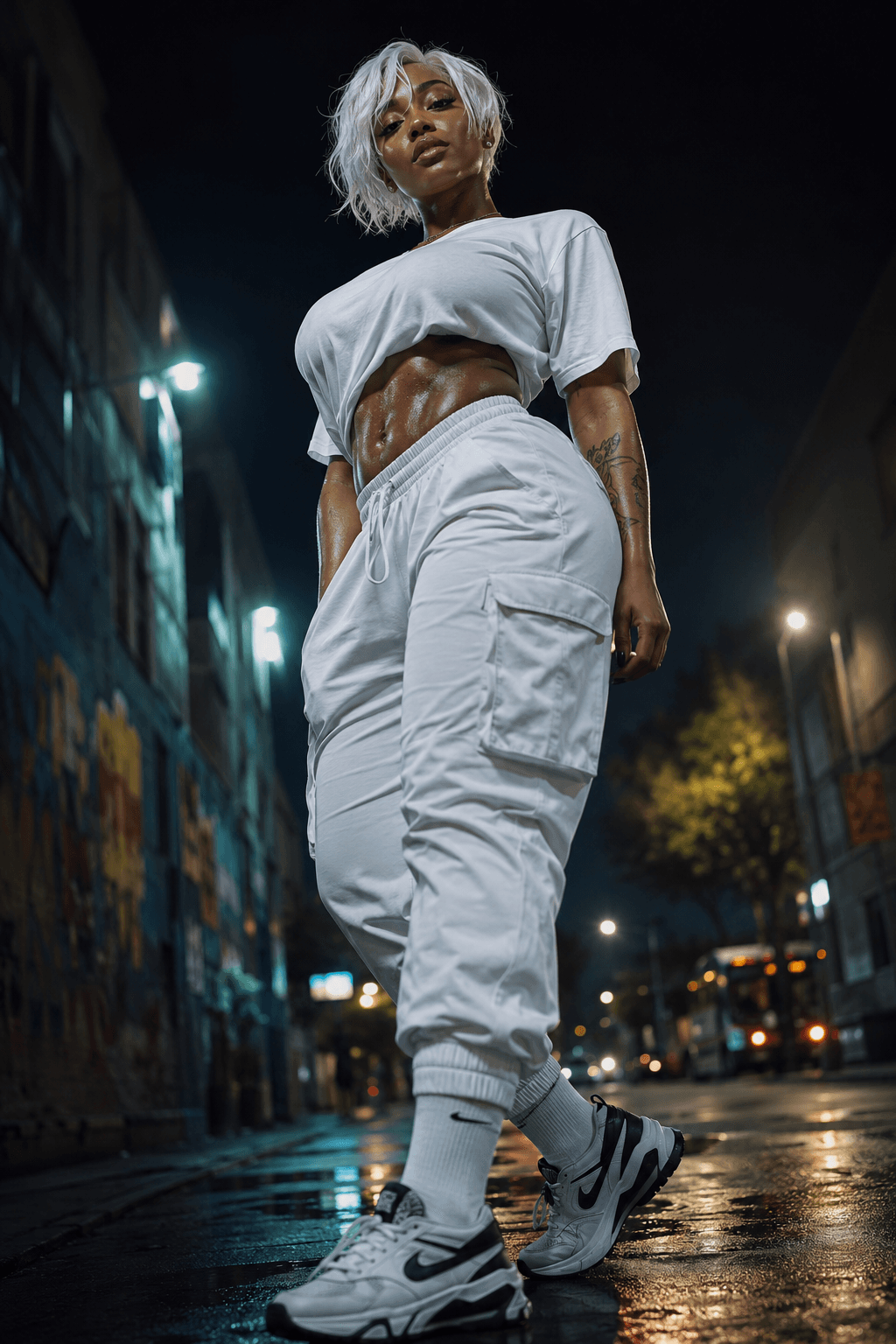 AI generated: bottom tilt shot, front central composition, full-body profile pose, gaze, used camera is Canon EOS ...