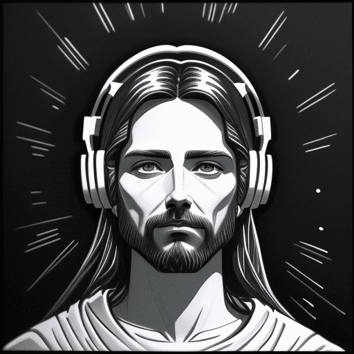 AI generated: [jesus] wearing headphones, drawn with white ink on black paper --ar 8:15 --stylize 50 --v 5.2
