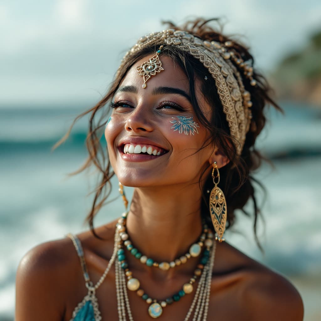 AI generated: a girl smiling, in the style of reefwave, metalwork jewelry, goa-insprired motifs, eco-friendly craf...
