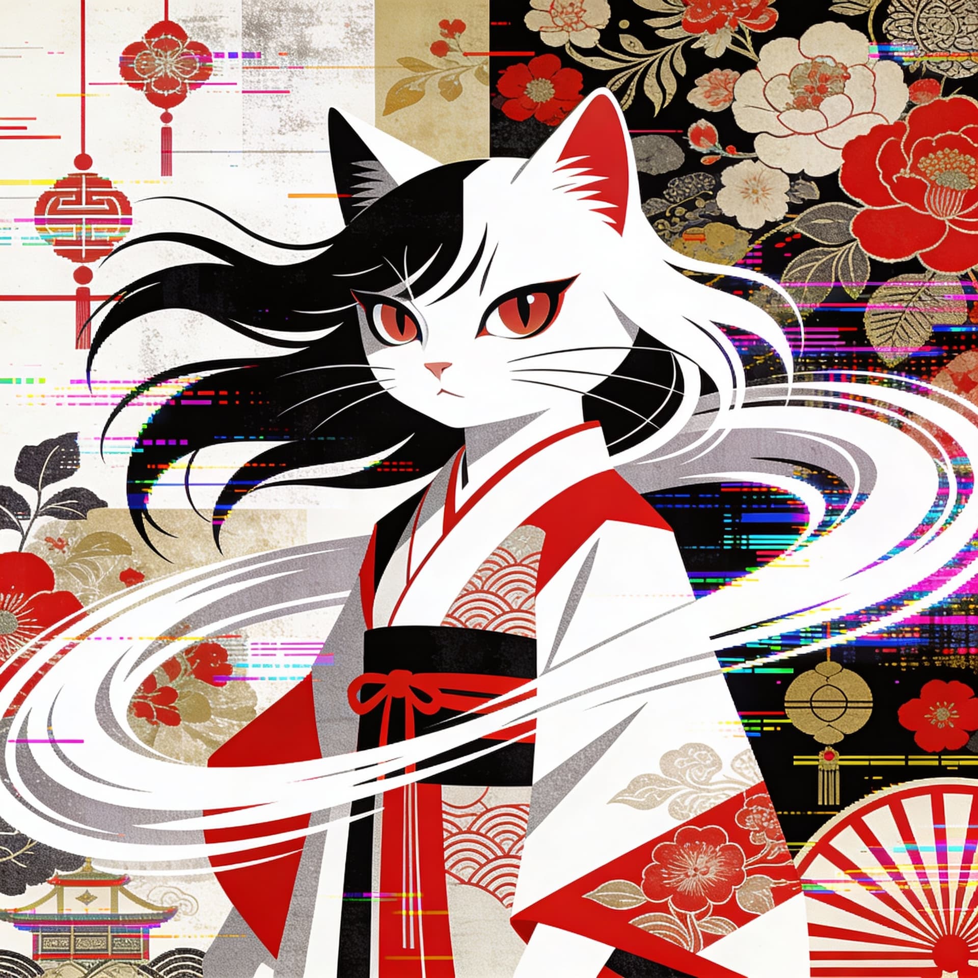 AI generated: A Japanese cat is portrayed in an abstract, geometric style using the colors white and red, with tra...