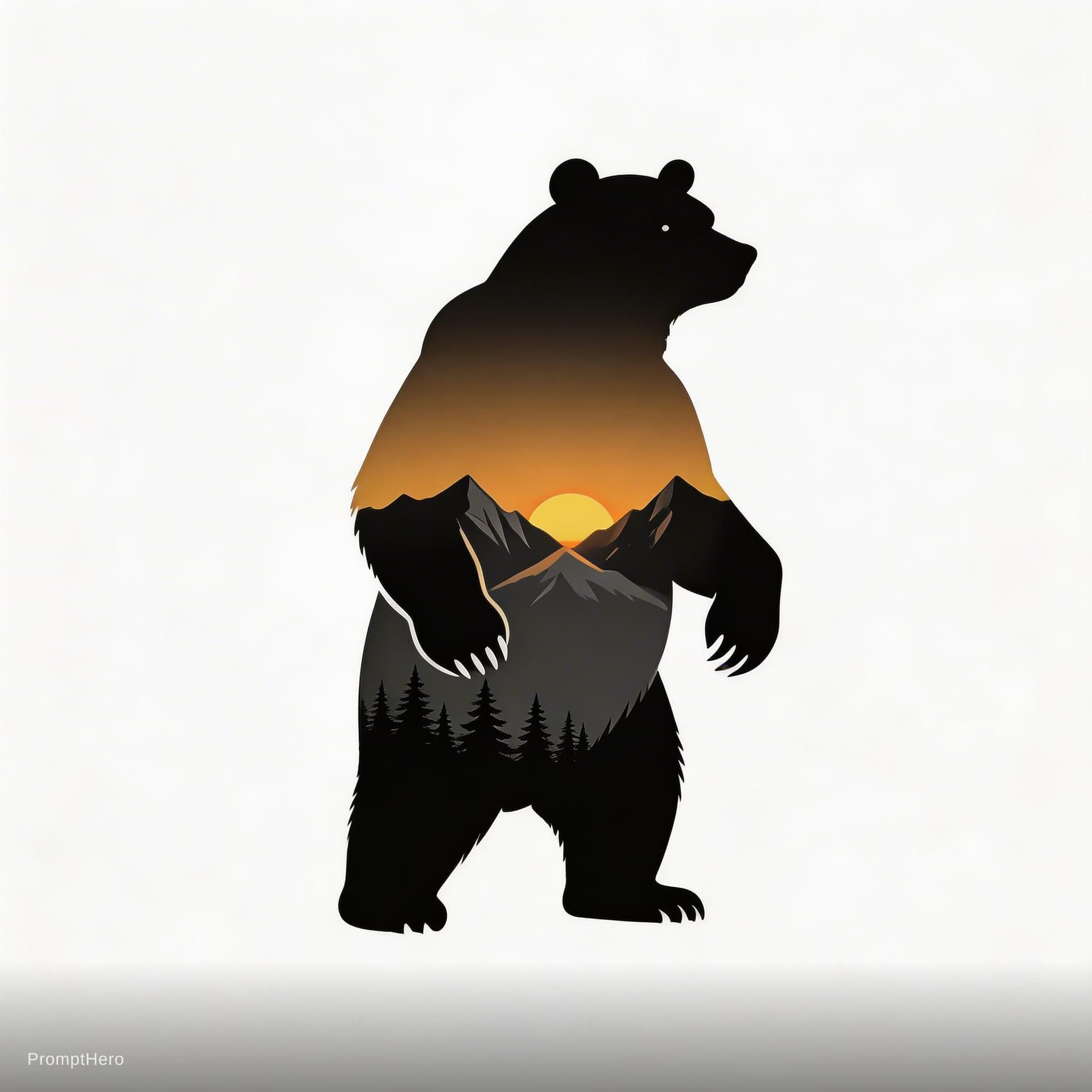 AI generated: /imagine prompt: 
Silhouette of a grizzly bear standing, double exposure. Inside the bear shape is a...