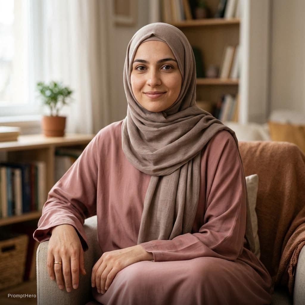 AI generated: Create a photorealistic portrait of an ideal future Muslim wife for a sincere, faith-centred man reb...