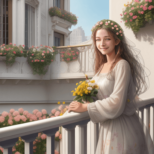 AI generated: generate a photorealistic image of a smiling woman standing on a balcony, flowers all around, all dr...