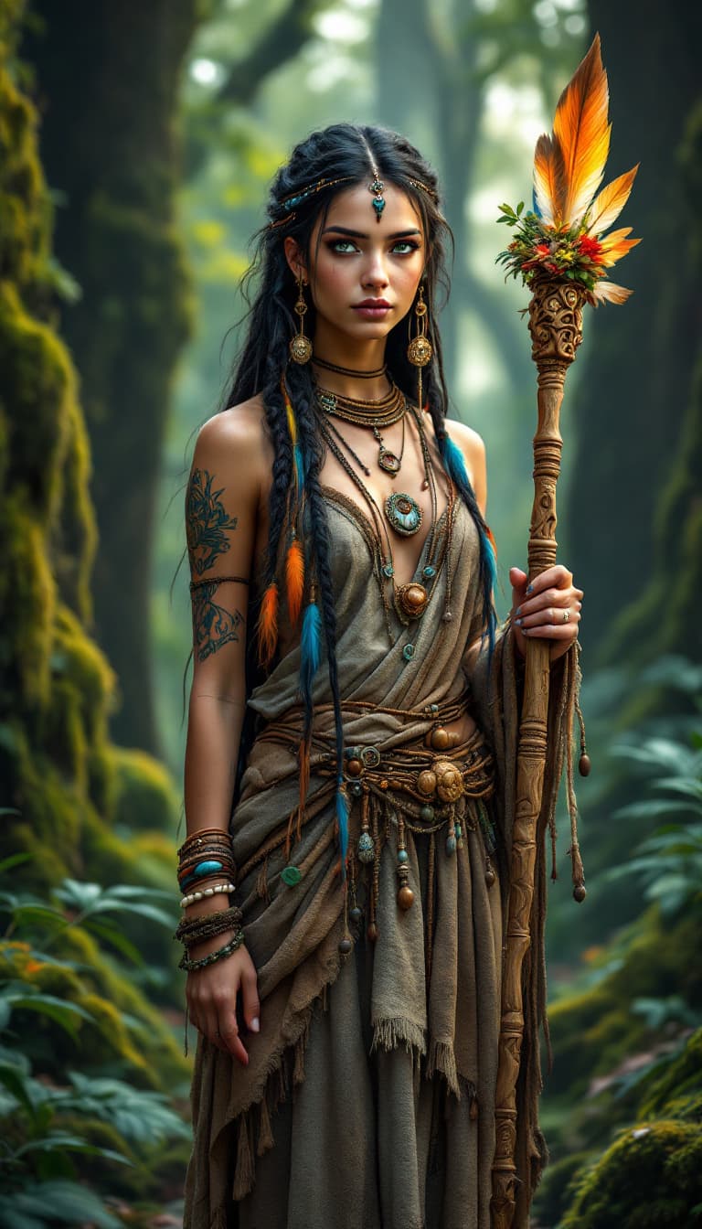 AI generated: An ultra-realistic, full-body depiction of a shamanic healer, exuding natural power and ancient wisd...